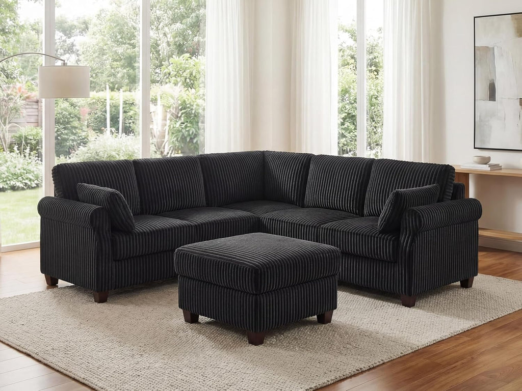 90.6" V-Shaped Modular Sectional Sofa with Storage Ottoman, 6-Seat Corduroy Corner Couch with Deep Seat, Oversized Upholstered Sectional for Living Room, Bedroom, Apartment