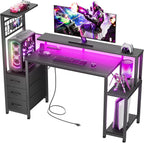 Korfile 48 Inch Gaming Desk with LED Lights & Power Outlets,Computer Desk with Fabric Drawers & Side Hook,Reversible Gamer Table with Monitor Stand for Game Room,Home Office,Carbon Fiber Black