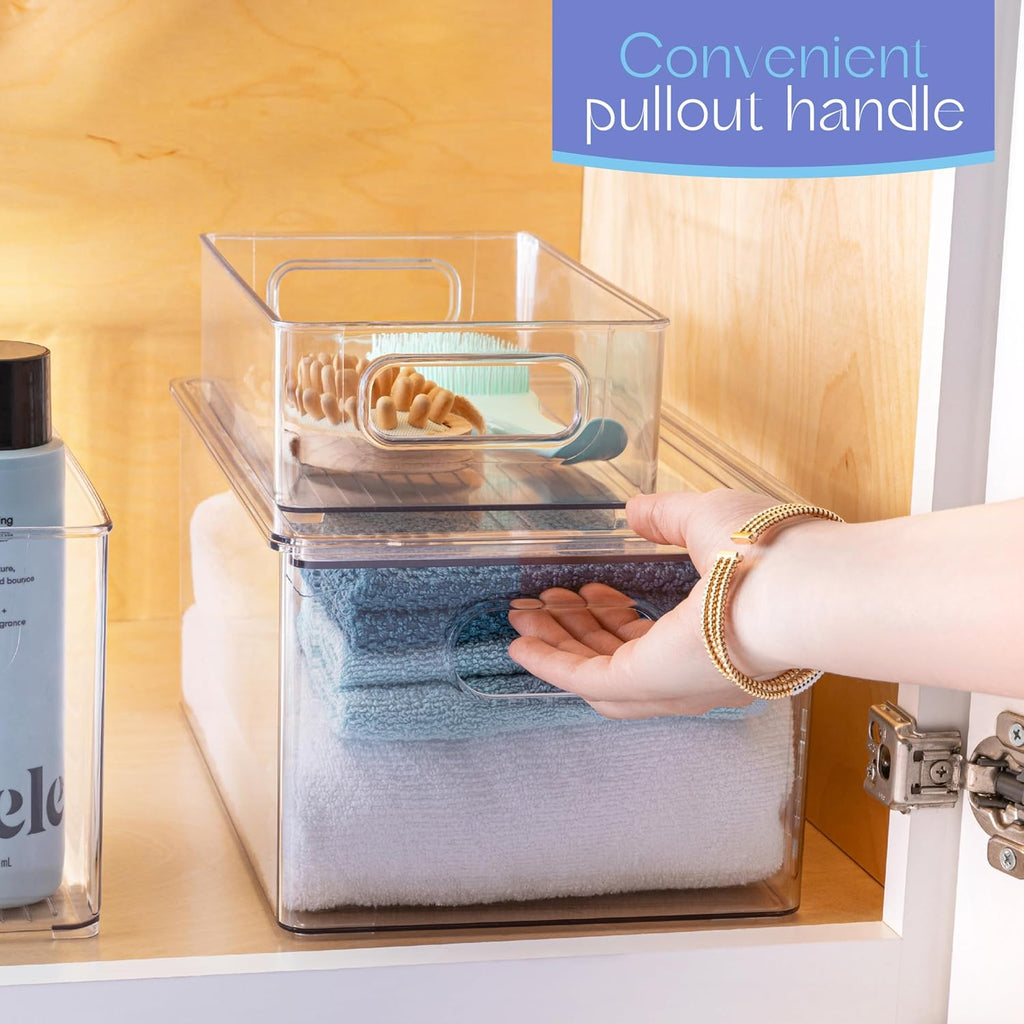 primebox Plastic Clear Stackable Storage Bins with Lids. Great for Pantry or Kitchen Organization. Fridge Organizer Containers. Cabinet, Bathroom Organizer. 6 Pack