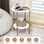 Side Table, Round End Table with 2 Storage Shelves, Compact Living Room Accent Table, Space-Saving Small Bedside Table, 18x18x22in, Marble White