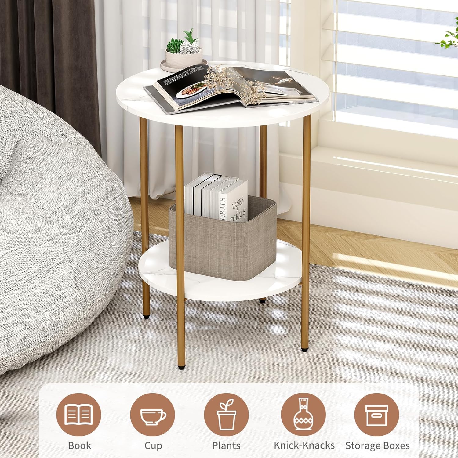 Side Table, Round End Table with 2 Storage Shelves, Compact Living Room Accent Table, Space-Saving Small Bedside Table, 18x18x22in, Marble White