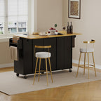 ONBRILL Kitchen Island with Storage, Island Table with Drop Leaf and Power Outlet, Kitchen Island on Wheels with Trash Cabinet, Spice Rack & Towel Rack, Black
