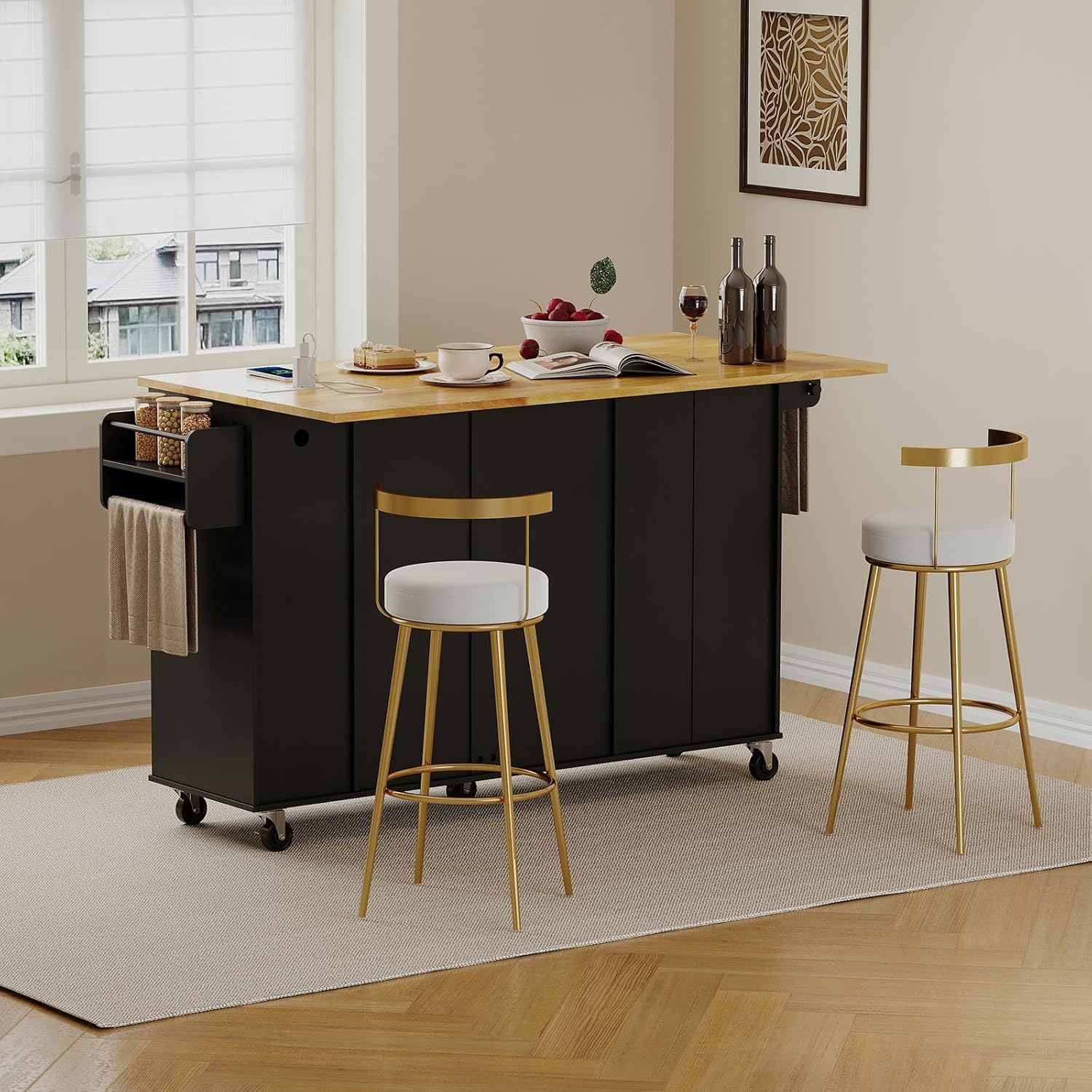 ONBRILL Kitchen Island with Storage, Island Table with Drop Leaf and Power Outlet, Kitchen Island on Wheels with Trash Cabinet, Spice Rack & Towel Rack, Black