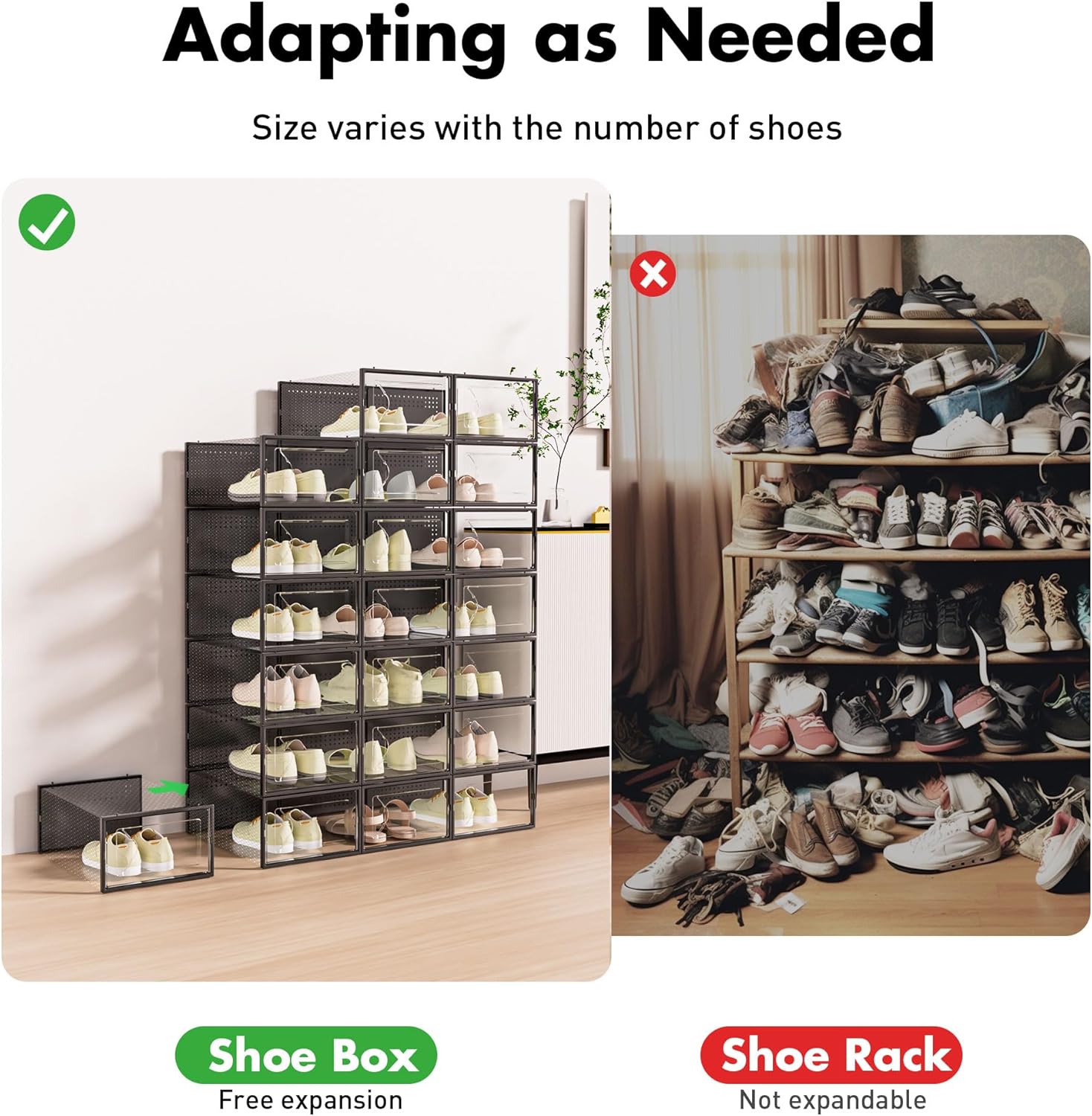 Foluck Shoe Storage Box, 15 Pack Clear Plastic Stackable Organizer for Closet, Interlocking Design Container Bins for Sneakers, Foldable Shoe Rack for Closet,Entryway, Black