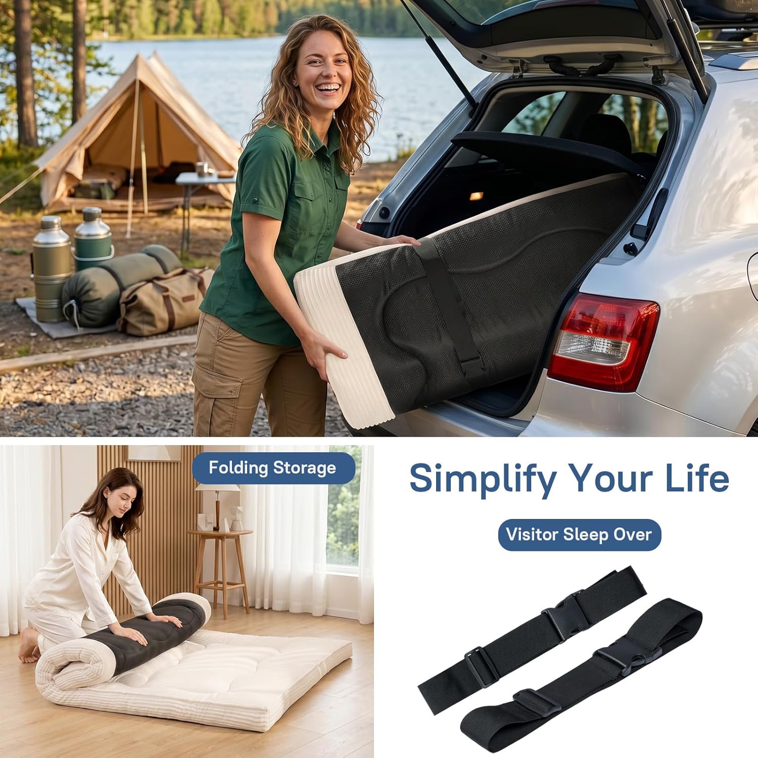Extra Thick Futon Mattress - Japanese Floor Mattress for Adults, Portable Foldable Sleeping Pad for Guest, Camping, Dorm,Futon Mattress Queen Size with Storage Straps, Beige