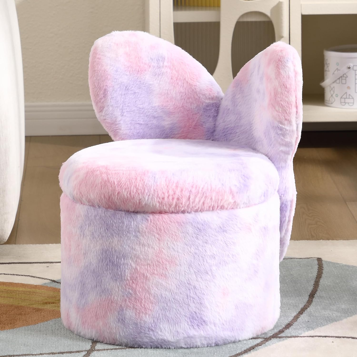 Kids Desk Chairs, Toddler Chairs Comfy Faux Fur Kids Storage Ottoman, 2 in 1 Children Stool with Storage, Butterfly Chair for Kids Girls Gifts, Storage Stool for Bedroom/Loving Room, Purple