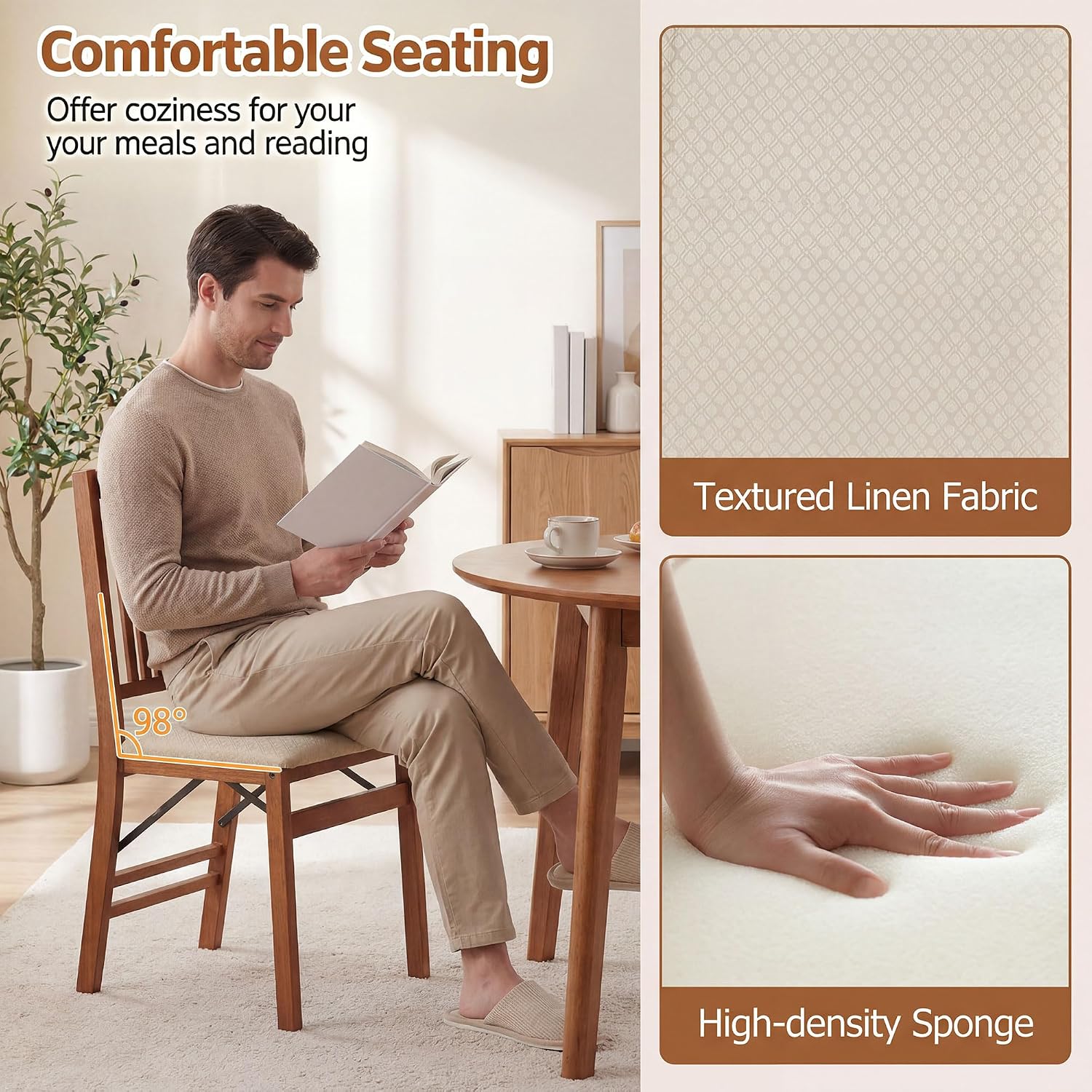 COSTWAY Solid Wood Folding Dining Chairs Set of 2 with Padded Seat, Walnut | 400 LBS Load Bearing, No Assembly Needed, Fabric Seat and Slatted Back, Vintage Foldable Chairs for Kitchen & Apartment