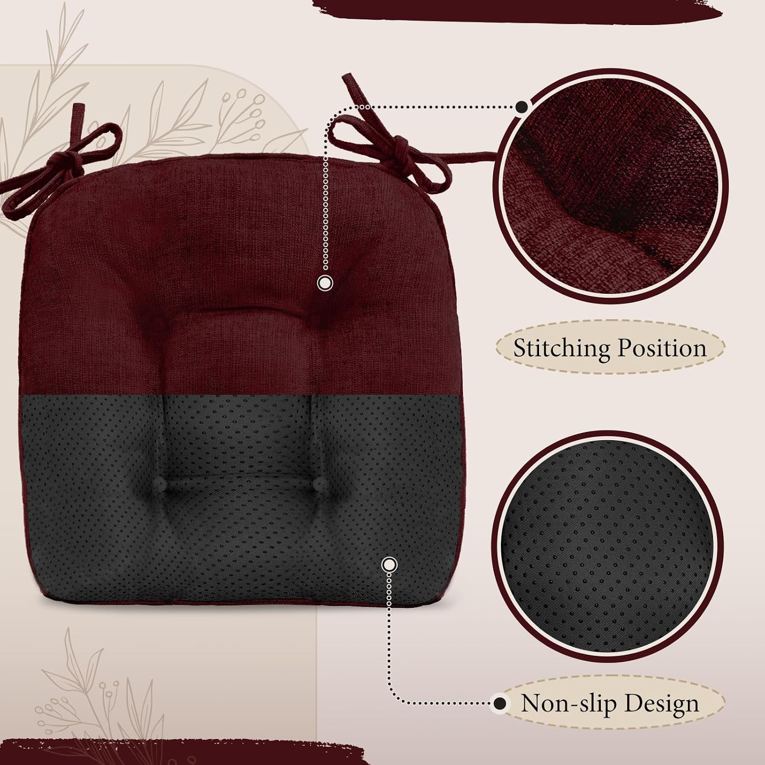 Cozyide Chair Cushions for Dining Chairs, 17" x 17" Non-Slip Kitchen Chair Pads with Adjustable Ties, Indoor Chair Cushions for Dining Room, Burgundy (Pack of 4)