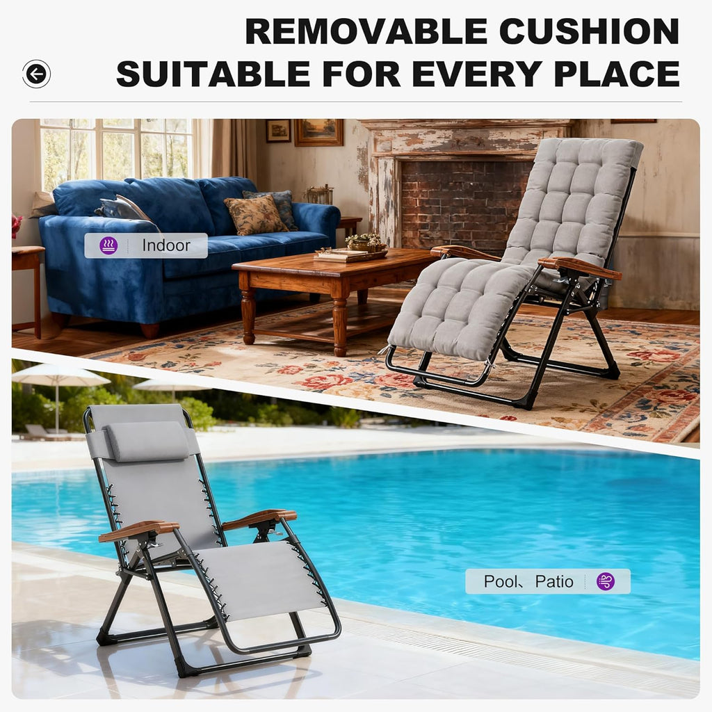 PURPLE LEAF Oversized Outdoor Reclining Chair Patio Zero Gravity Chaise Lounge Folding Chair with Removable Cushion Adjustable Headrest for Lawn Camping Beach Pool Grey