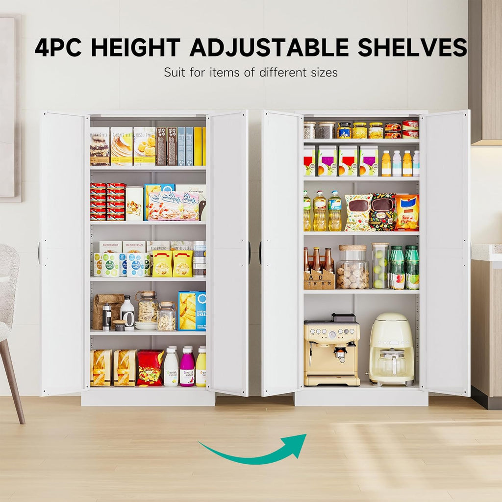 SISESOL 61" Tall Pantry Cabinet,Farmhouse Kitchen Pantry Storage Cabinets with 2 Doors and 5 Shelves,White Metal Storage Cabinet,Large Cupboard for Home,Kitchen,Dining/Living Room