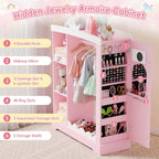 Xilingol Kids Armoire with Jewelry Cabinet, Dress up Storage with Mirror and Shelves, Princess Dress Closet and Costumes Wardrobe Closet, Costume Organizer for Bedroom, Kids Room, Girls (Pink)