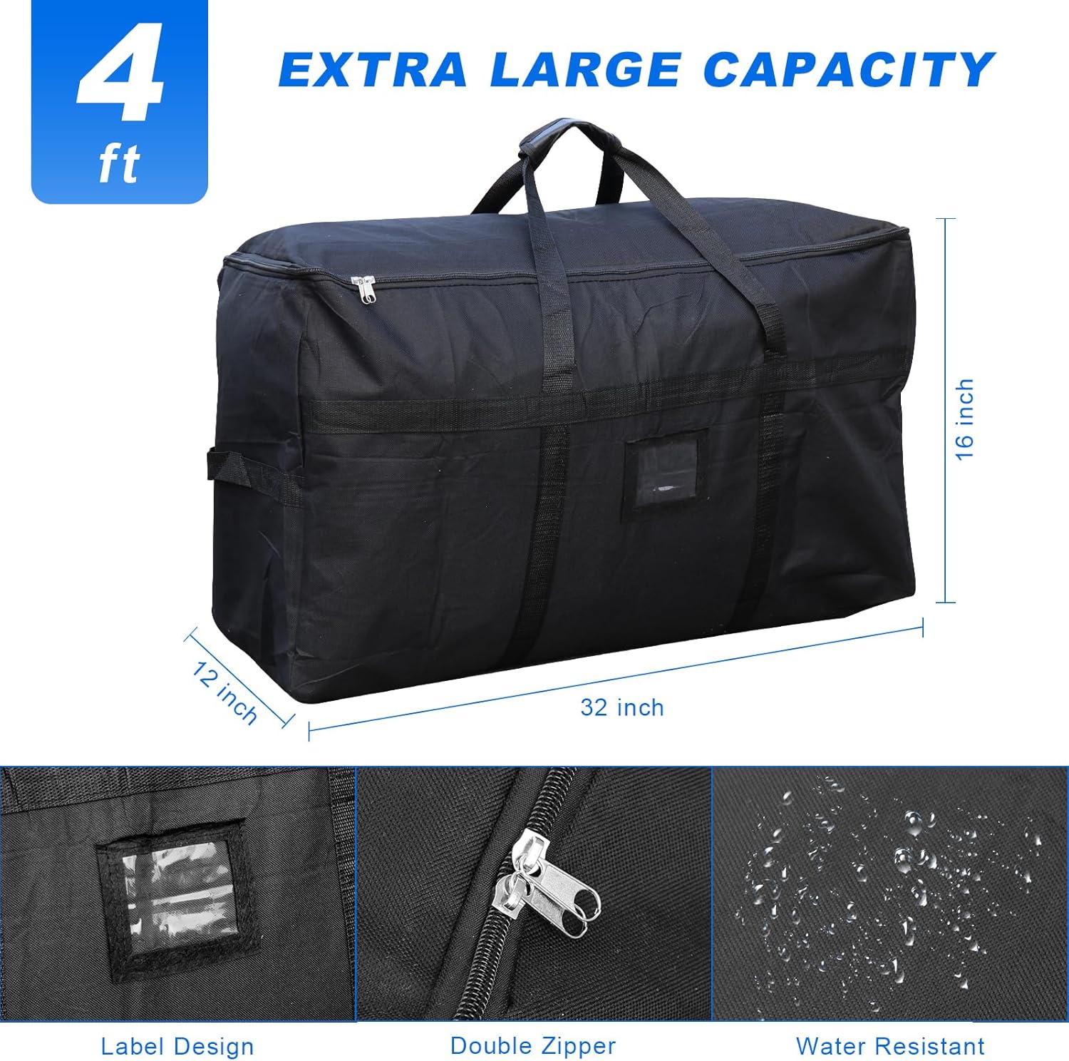 Christmas Tree Storage Bag 4 FT Large Moving Bags with Strong Zipper & Comfortable Handles, Sturdy & Durable Clothes Storage Bags Totes Bins, Black Packing Moving Boxes for College Supplies