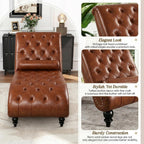 Faux Leather Chaise Lounge Indoor with Toss Pillow, Modern Chaise Lounge Chair, Upholstered PU Armless Ergonomic Chairs with Tufted Buttons and Nail Heads for Living Room, Bedroom Furniture, Brown