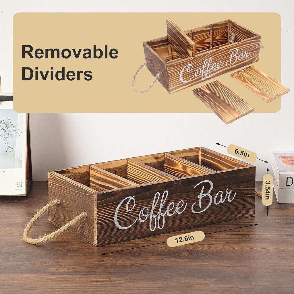 Bokelai Wooden Coffee Bar Organizer Countertop Coffee Station Accessories Storage Basket With Handle Removable Dividers Pods Kcup Holder Farmhouse Decor Caddy for Coffee and Tea Lover