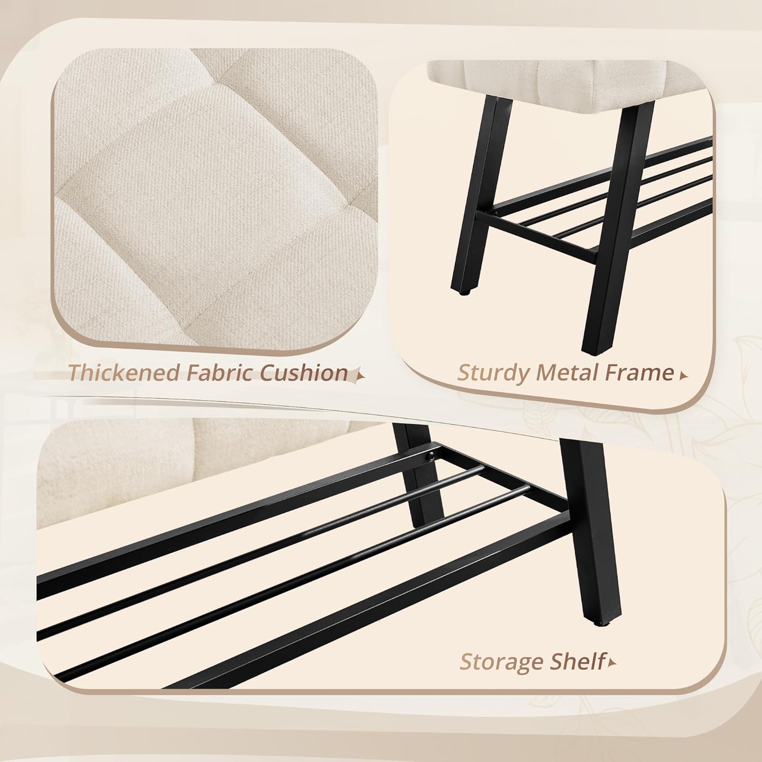 LUE BONA 45" Entryway Bench with Storage Shelf, End of Bed Bench with Tufted Linen Fabric Seat, Bedroom Bench with Metal Frame, 330 LBS Capacity for Entryway, Living Room, Hallway, Linen Color