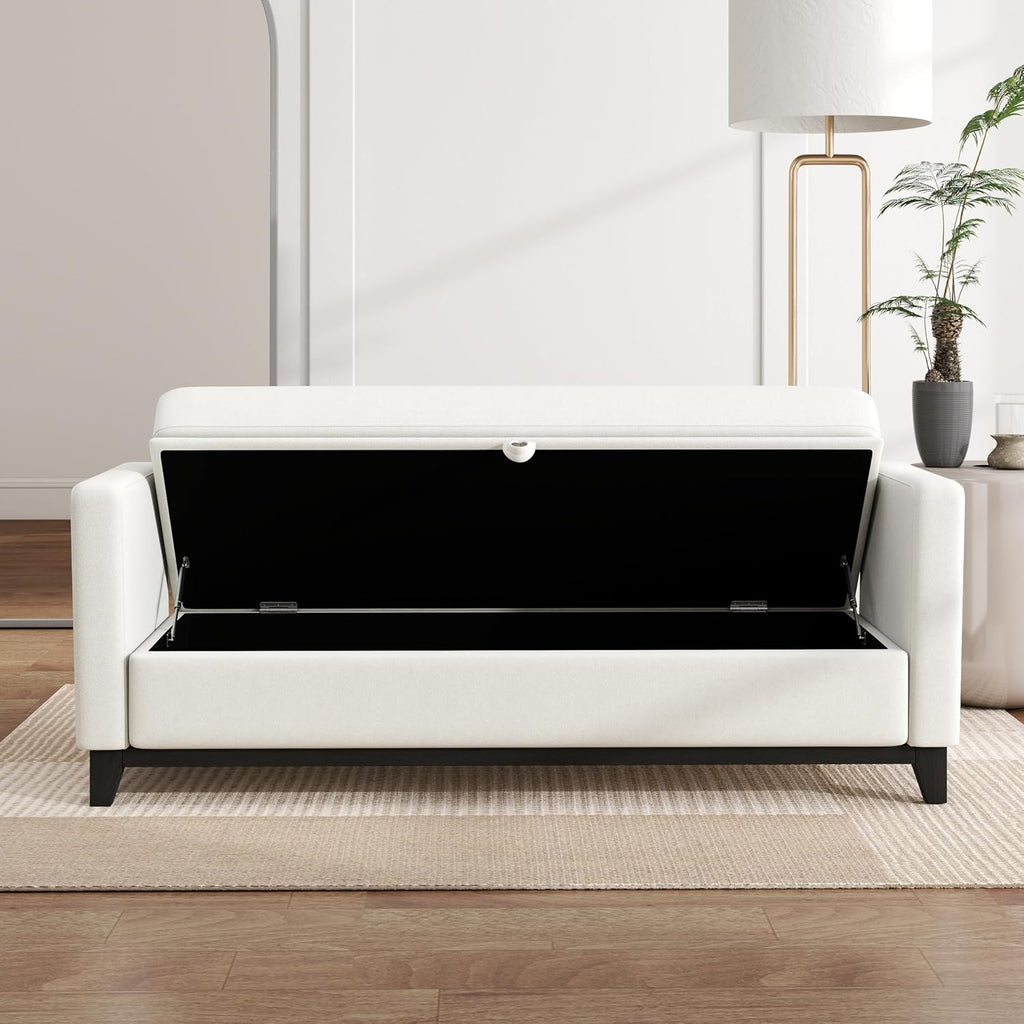 KEIKI Upholstered End of Bed Storage Bench, 66" Modern Bedroom Bench Indoor Bench with 2 Bolster Pillows, Entryway Bench with Solid Wood Frame for Bedroom Living Room, Beige+Black