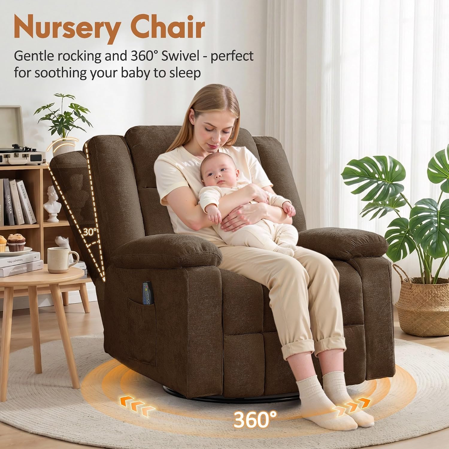Korser Rocker Recliner Chair for Adults, 360° Swivel Rocker Recliner with Massage and Heating, Nursery Rocking Chairs with Side Pockets, Manual Reclining Chair for Living Room