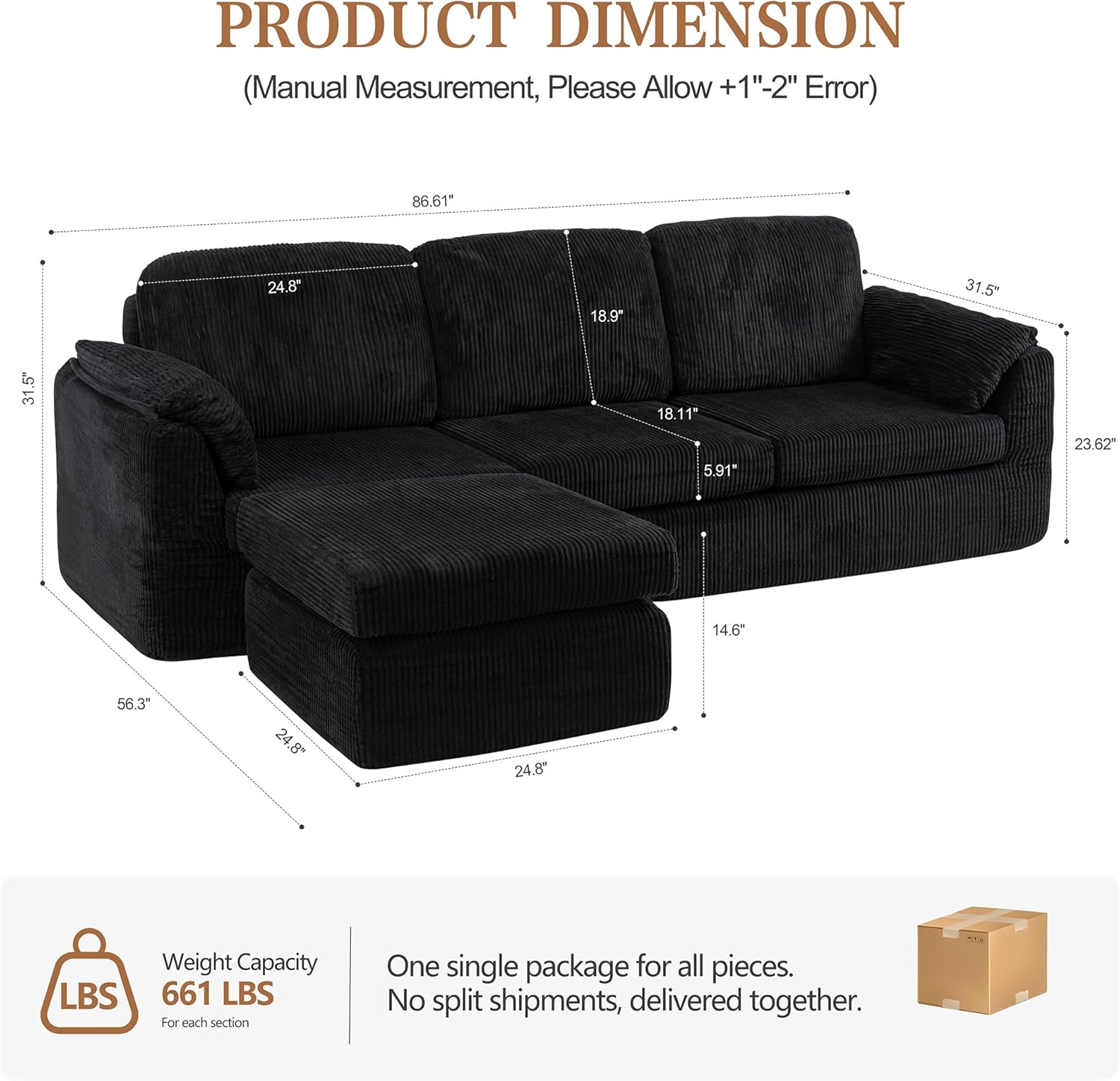 Vongrasig Boneless Convertible Sectional Sofa Couch, 3 Seat L Shaped Sofa with Removable Pillows Plush Corduroy Fabric Small Couches for Living Room, Apartment and Office, Black