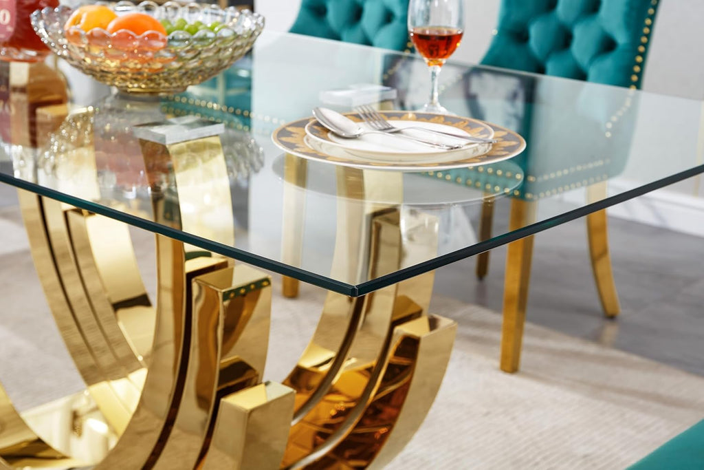 70inch Luxury Dining Table for 4 6, Modern Glass Kitchen Dining Room Table with Gold Mirrored Steel Base,Large Rectangle Tempered Glass Top Dinner Tables for Kitchen, Dining Room