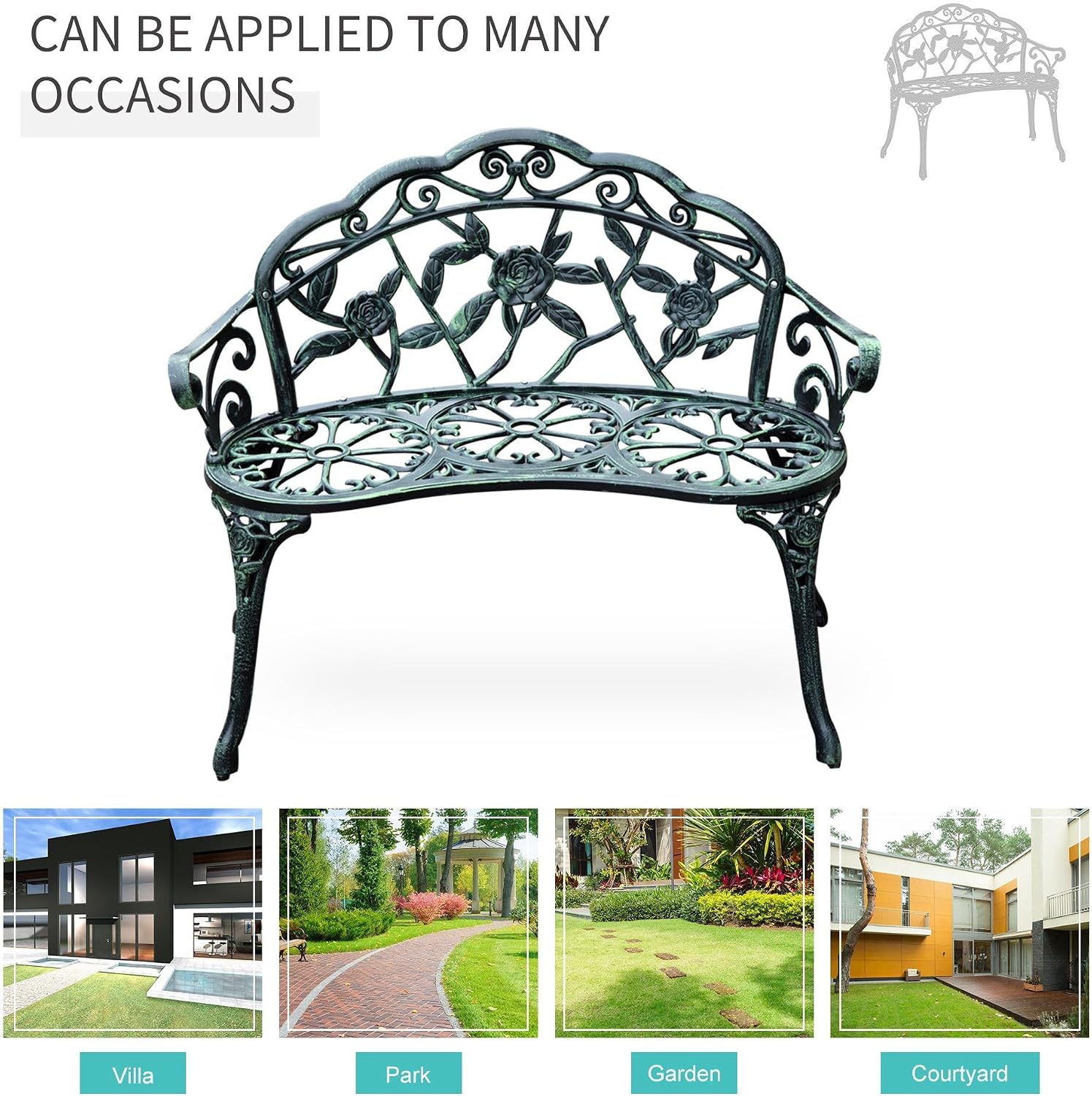 Floral Rose Design Antique Green Cast Aluminum FFor rame Weatherproof Premium Heavy Duty Durable Outdoor Loveseat