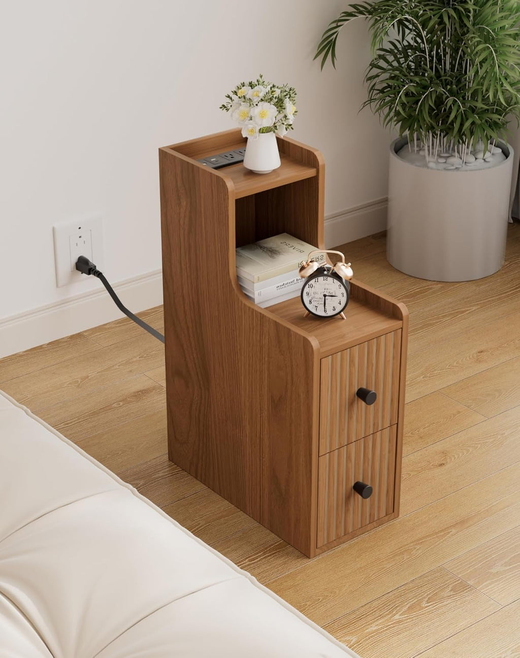 Set of 2 Narrow Side Table with Charging Station, Wooden Slim End Table with Storage, Mid Century Modern Nightstand with Drawers for Living Room, Walnut