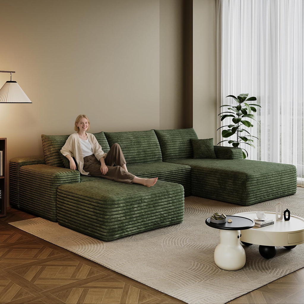 107.7" Boneless Sectional Couch Modern Modular U - Shape Corduroy Upholstered Sofa for Living Room - Deep Seat with Chaise and Ottoman(Green, 2 Seater+Right Facing Chaise+Ottoman)