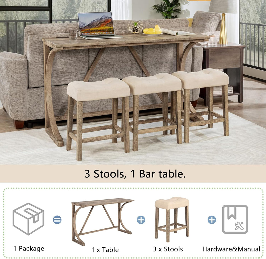 Holaki Bar Table and Chairs Set,4 Piece Console Table with Power Outlet, Counter Height Bar Table Set with 3 Padded Chairs, Industrial Breakfast Table Set for Living Room Dining Room(Yellow+Brown)