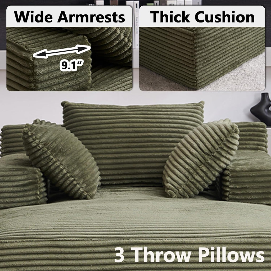 HRVEOCEI 67" Chaise Lounge Indoor, Oversized Chaise Lounge Chair with 3 Comfy Pillows for Living Room Bedroom, Wide Arms Corduroy Fabric High-Density Foam No Assembly Required (Sage Green)