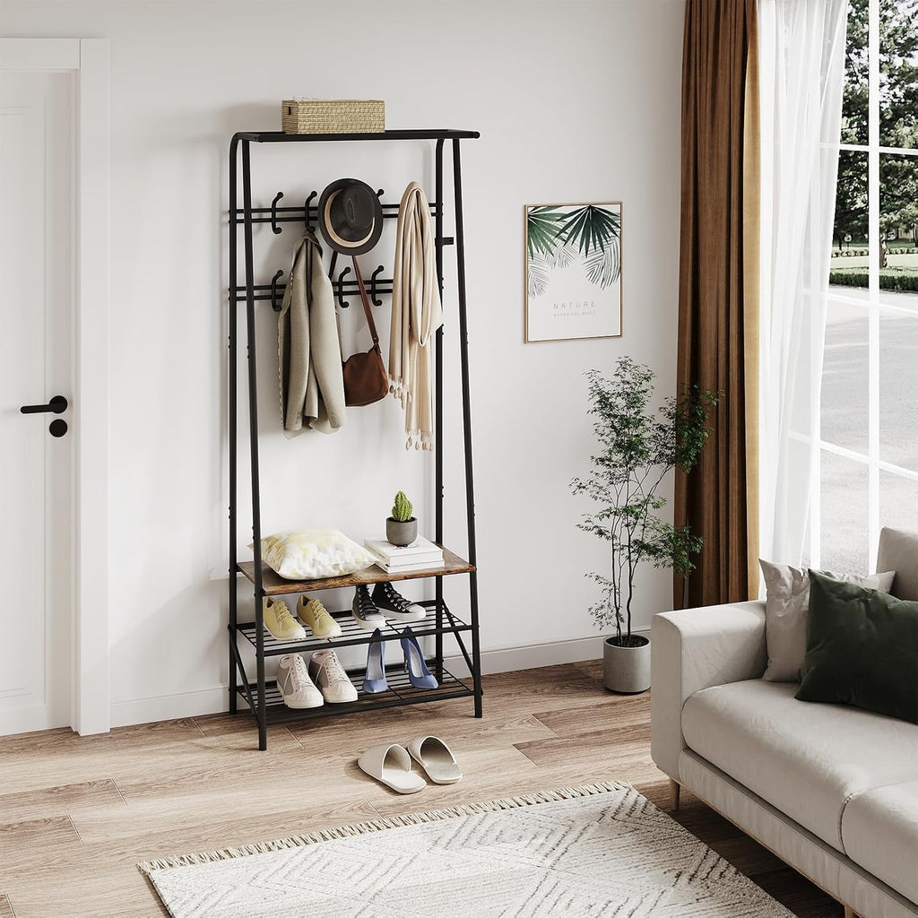 Jojoka Coat Rack Hall Tree with Shoe Storage Bench, 4-in-1 Entryway Organizer with 10 Hooks & 3-Tier Shoe Rack, Sturdy Metal Frame Freestanding Storage Unit for Hallway (Brown-Double Row, 25.2in)