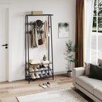 Jojoka Coat Rack Hall Tree with Shoe Storage Bench, 4-in-1 Entryway Organizer with 10 Hooks & 3-Tier Shoe Rack, Sturdy Metal Frame Freestanding Storage Unit for Hallway (Brown-Double Row, 25.2in)