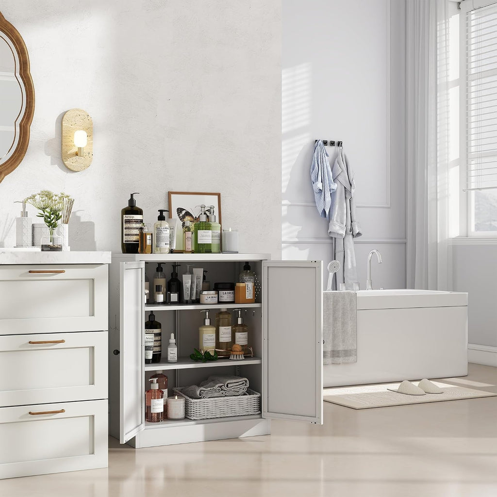 Kitchen Pantry Cabinet, 35" H Storage Cabinet with Doors and Adjustable Shelves, Metal Bathroom Cabinets, Utility Cabinets for Kitchen, Living Room, Garage, Assembly Required, White