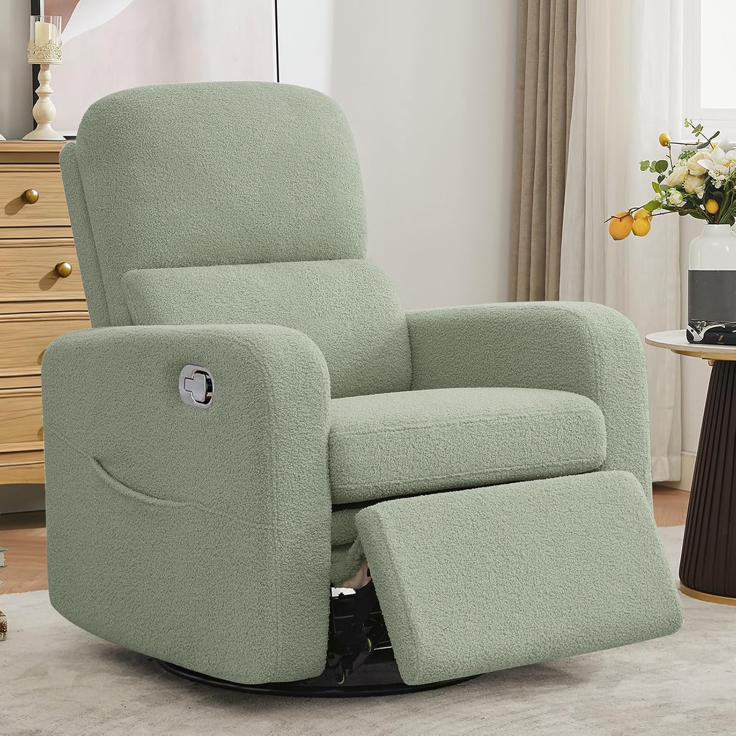 Swivel Rocker Recliner, Oversized Manual Boucle Nursery Glider Rocking Recliner Chair with Removable Cushion, Upholstered Teddy Swivel Reclining Chair for Nursery Living Room Bedroom, Green