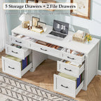 Vabches Farmhouse 61'' Executive Desk with 7 Drawers, Rustic Office Desk Computer Table with File Drawers, Wood Workstation for Home Office and Study,Cream White