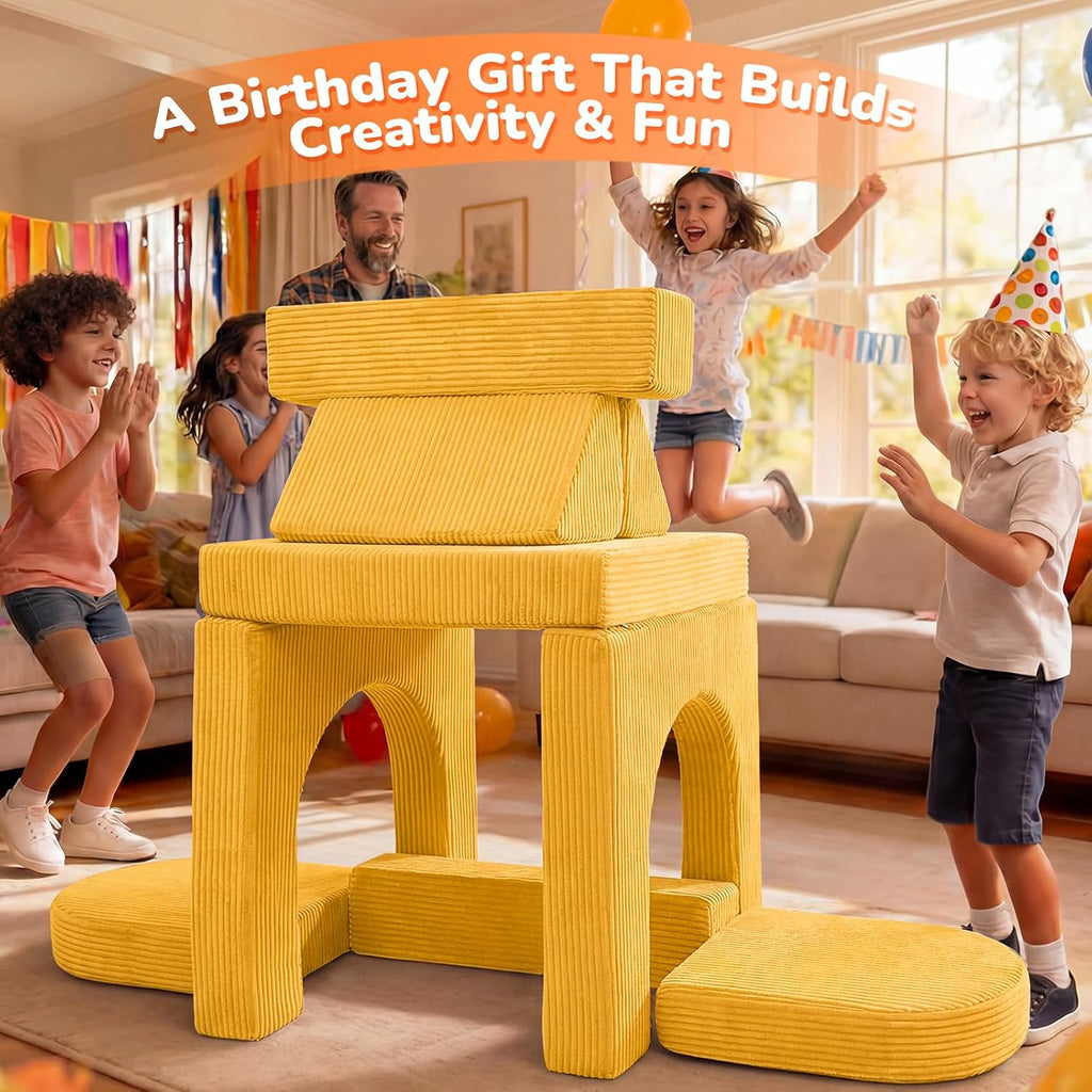 MeMoreCool Stylish Corduroy 10-Piece Kids Play Couch, Modular Foam Toddler Couch Fort Building Set, Convertible Sofa with Washable Covers for Playroom and Bedroom, Mustard Yellow