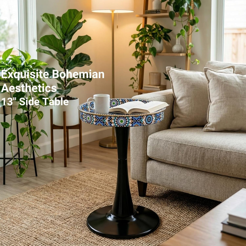 Gesodant Boho Chic Round Side Table, 13" Artistic Patterned Small Drink Table with Glossy Tray Top, Stable Hourglass Pedestal Base, Unique Plastic End Table for Living Room, (Moroccan)