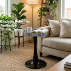Gesodant Boho Chic Round Side Table, 13" Artistic Patterned Small Drink Table with Glossy Tray Top, Stable Hourglass Pedestal Base, Unique Plastic End Table for Living Room, (Moroccan)
