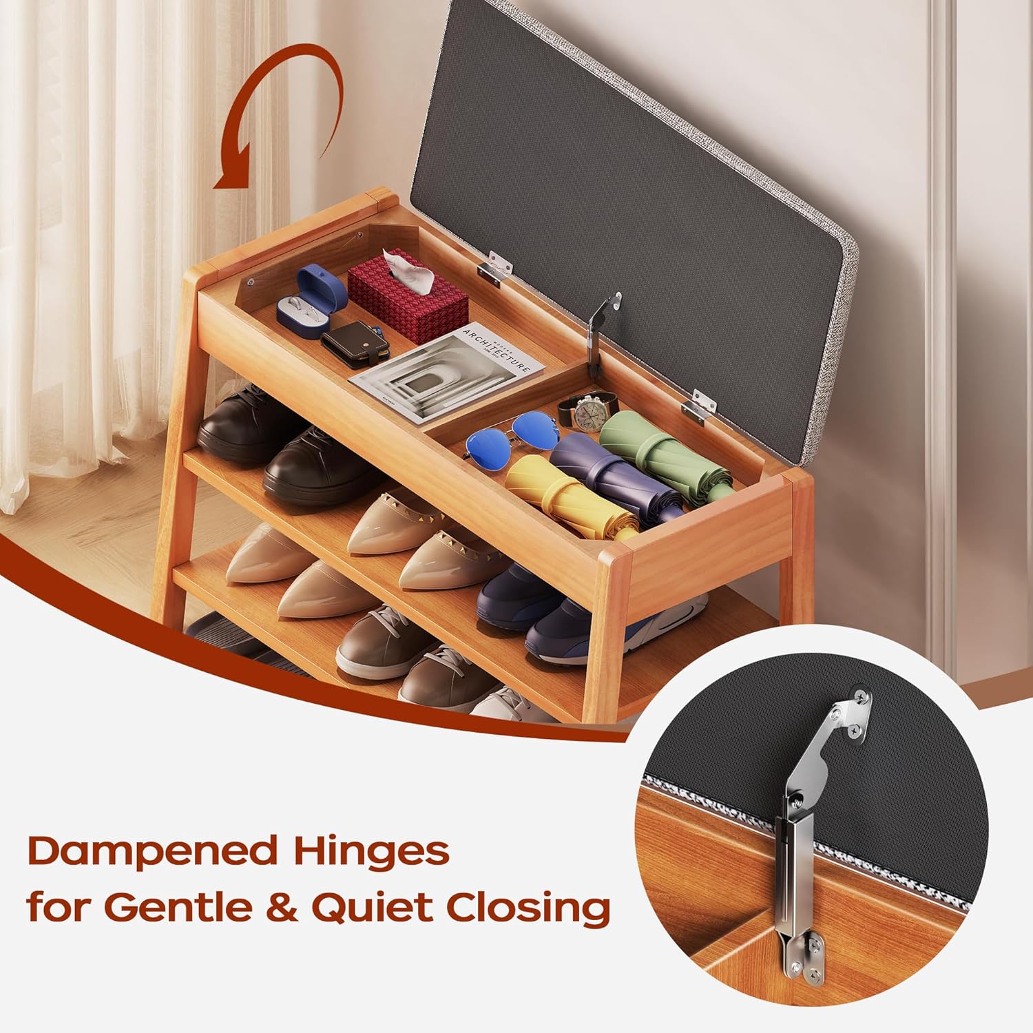 PARTPHONER Shoe Rack Bench with Storage, 2-Tier Solid Wood Entryway Bench with Cotton-Linen Cushion, Multipurpose Storage Organizer Bench for Bedroom, Hallway, Living Room, 31.5”