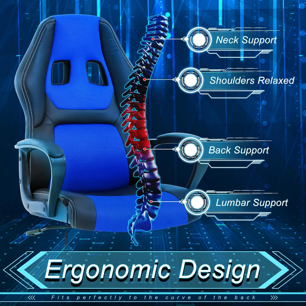 Silla Gamer Ergonomic Massage Gaming Chair - Blue Leather Desk Chair for Adults and Kids