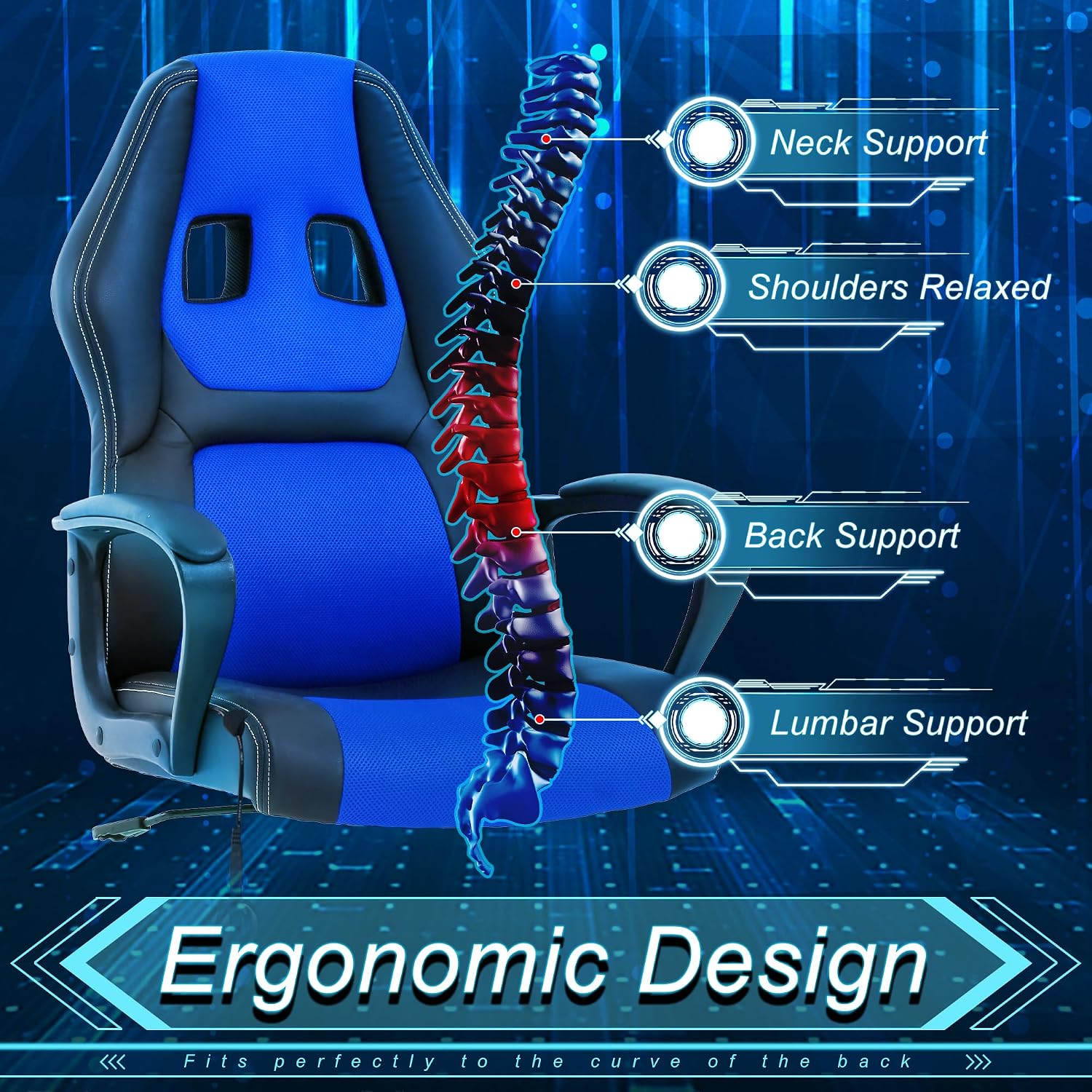 Silla Gamer Ergonomic Massage Gaming Chair - Blue Leather Desk Chair for Adults and Kids