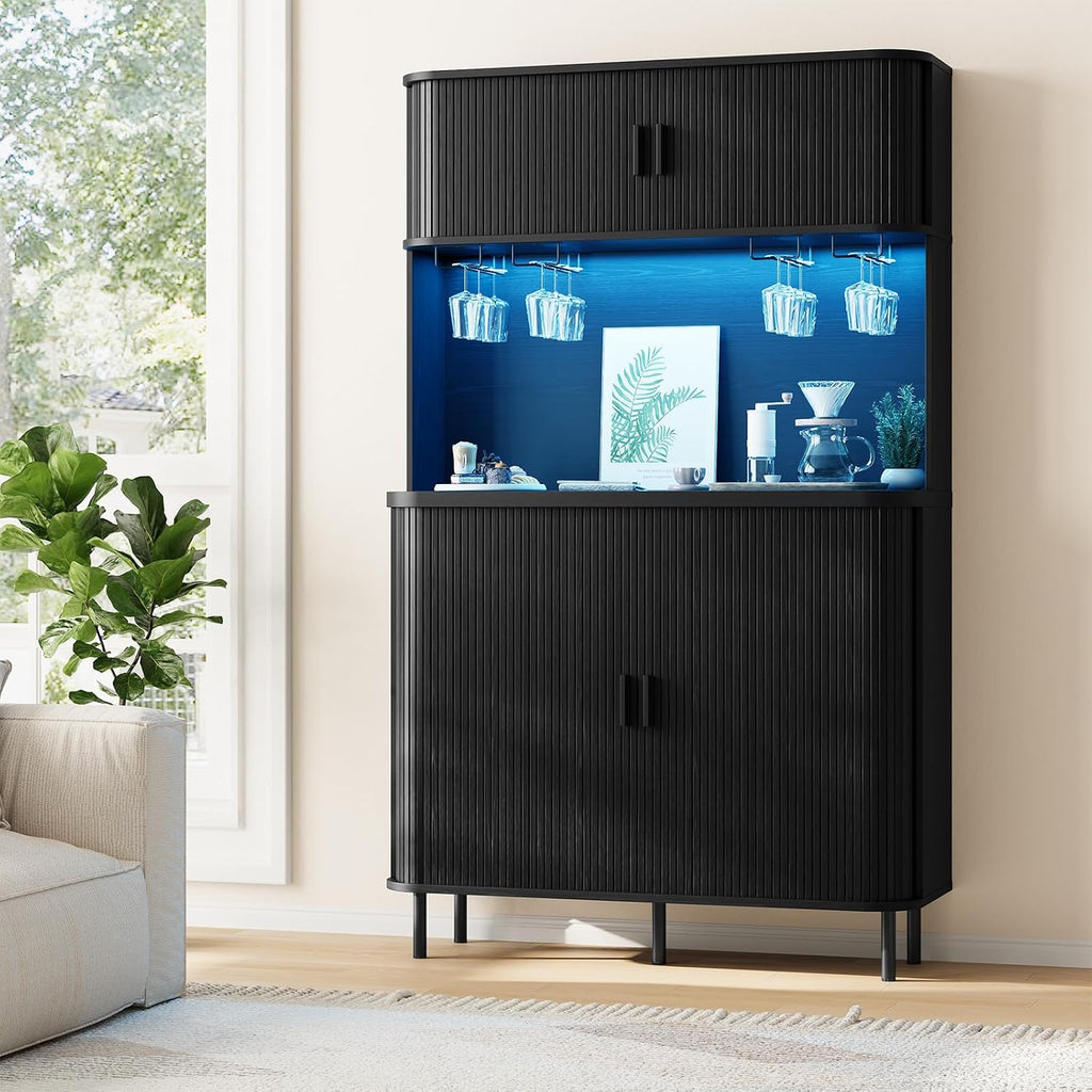 ONBRILL 71" Tall Wine Bar Cabinet with Storage, Fluted Wood Coffee Bar Cabinet with LED Lights, Modern Liquor Cabinet for Home with Wine Glass Racks, Large Home Bar for Living Room Kitchen