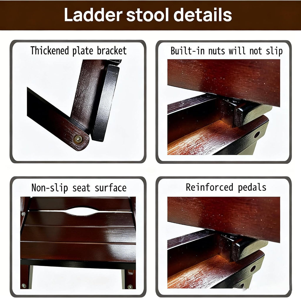 3-Step Ladder Stool, Wooden Folding Step Stool for Home & Kitchen, Solid Pine with Non-Slip Steps & Anti-Scratch Shoe Covers, 337lb Weight Capacity, Space-Saving, No Assembly Required (Walnut)