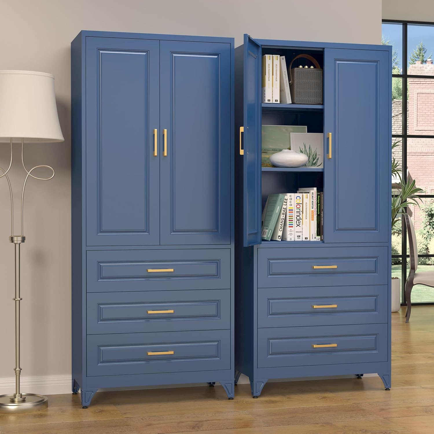 SteeLoong 75" Kitchen Pantry Cabinet with 3 Drawer,Metal Storage Cabinets with Doors and 2 Adjustable Shelves,Blue Kitchen Cabinet with 2 Gold Handles,Food Cupboard for Livingroom,Pantry, Bathroom