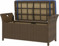 43.25x17.75x20.25in Woven Rattan Patio Bench w/Dark Blue Cushioned seat, 29-Gallon Under-lid Storage, Reinforced Steel Chassis, no-Tools Setup