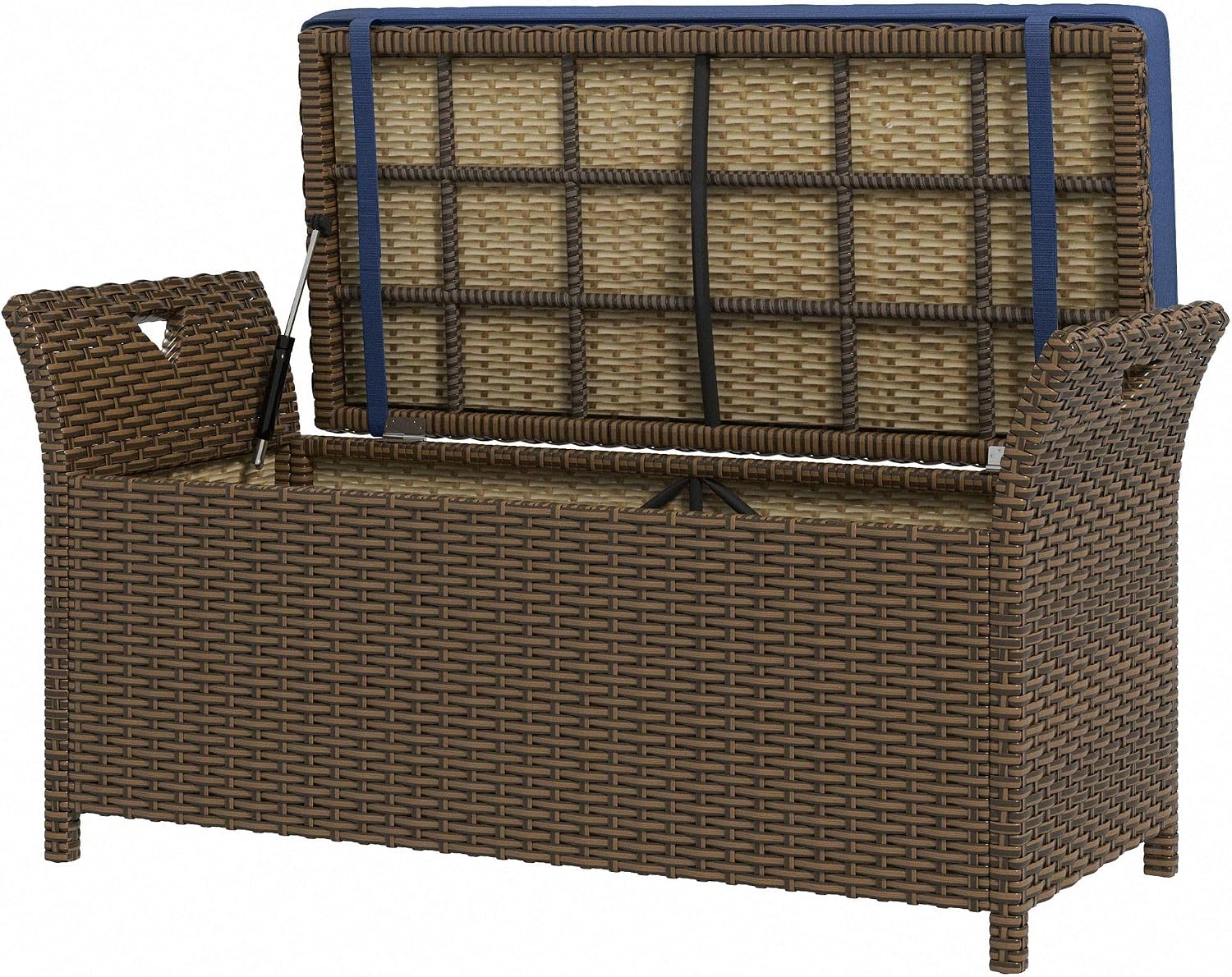 43.25x17.75x20.25in Woven Rattan Patio Bench w/Dark Blue Cushioned seat, 29-Gallon Under-lid Storage, Reinforced Steel Chassis, no-Tools Setup