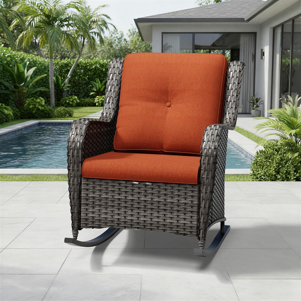 Joyside Outdoor Rocking Chair, Wicker Patio Furniture with High Back, Deep Seating, Wide Armrest, Thickened Cushions, Outdoor Rattan Furniture for Deck, Porch Use