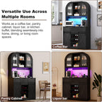 72" Tall Arched Pantry Cabinet w/Power Outlet,LED Lights, 42"W Modern Farmhouse Kitchen Hutch Coffee Bar Storage Cabinet w/Sliding Barn Door,3 Drawers,Glass Door, Versatile Cupboard,for Kitchen