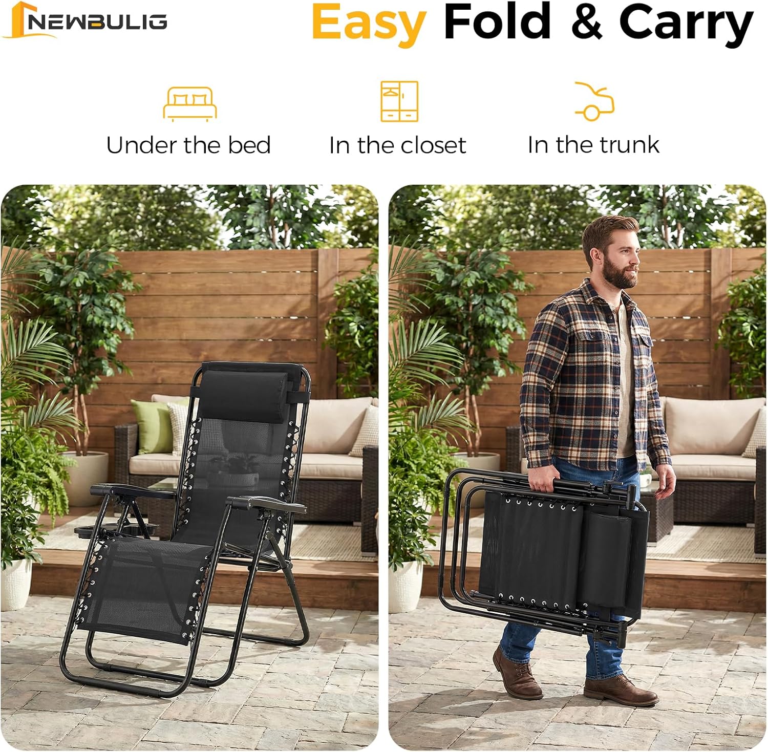 NEWBULIG Zero Gravity Chair Set of 2, Lounge Chair Folding Portable Adjustable Camping Reclining Chairs with Adjustable Pollow, Mesh Back, Cup Holder Trays Lawn Patio Chair for Pool Beach - Black