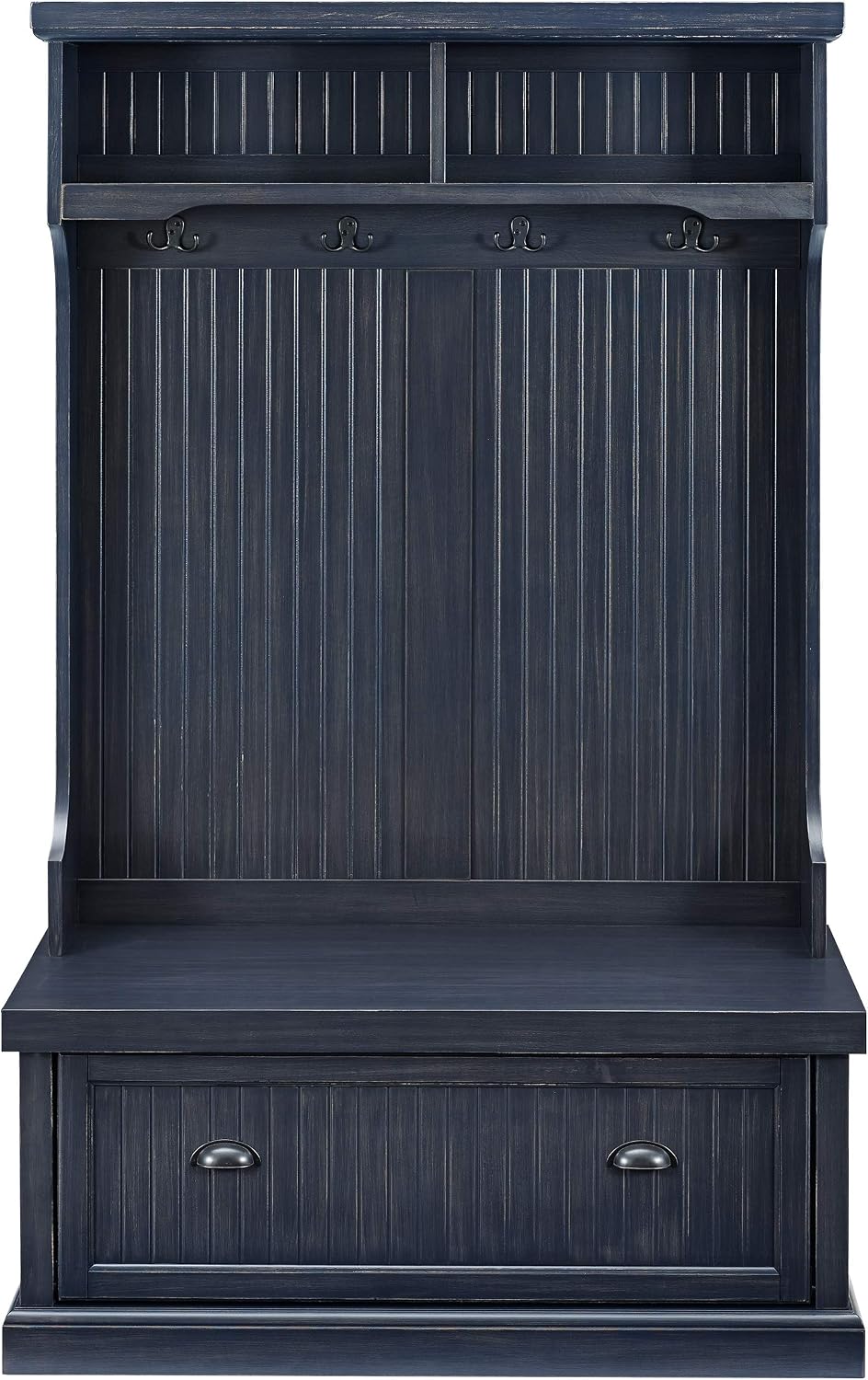 Crosley Seaside Hall Tree Entryway Bench Coat Rack Shoe Cabinet and Kitchen Pantry Cabinet Distressed Navy