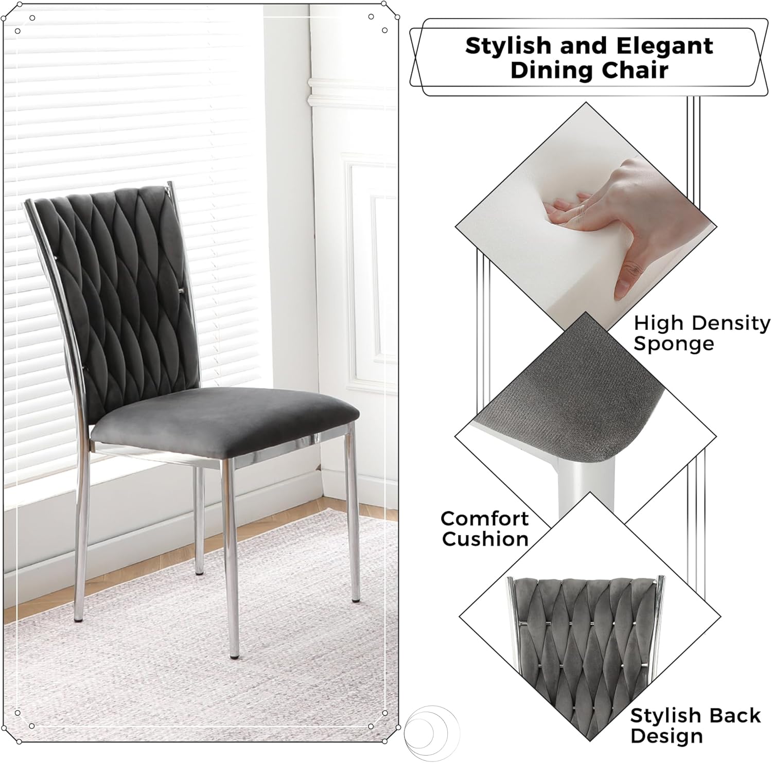 Velvet Dining Chairs Set of 4, Modern Upholstered Kitchen Chairs with Silver Metal Legs, Woven Velvet Fabric and High Back, Dirt Resistance, Easy to Assemble, for Home, Living Room - Dark Grey