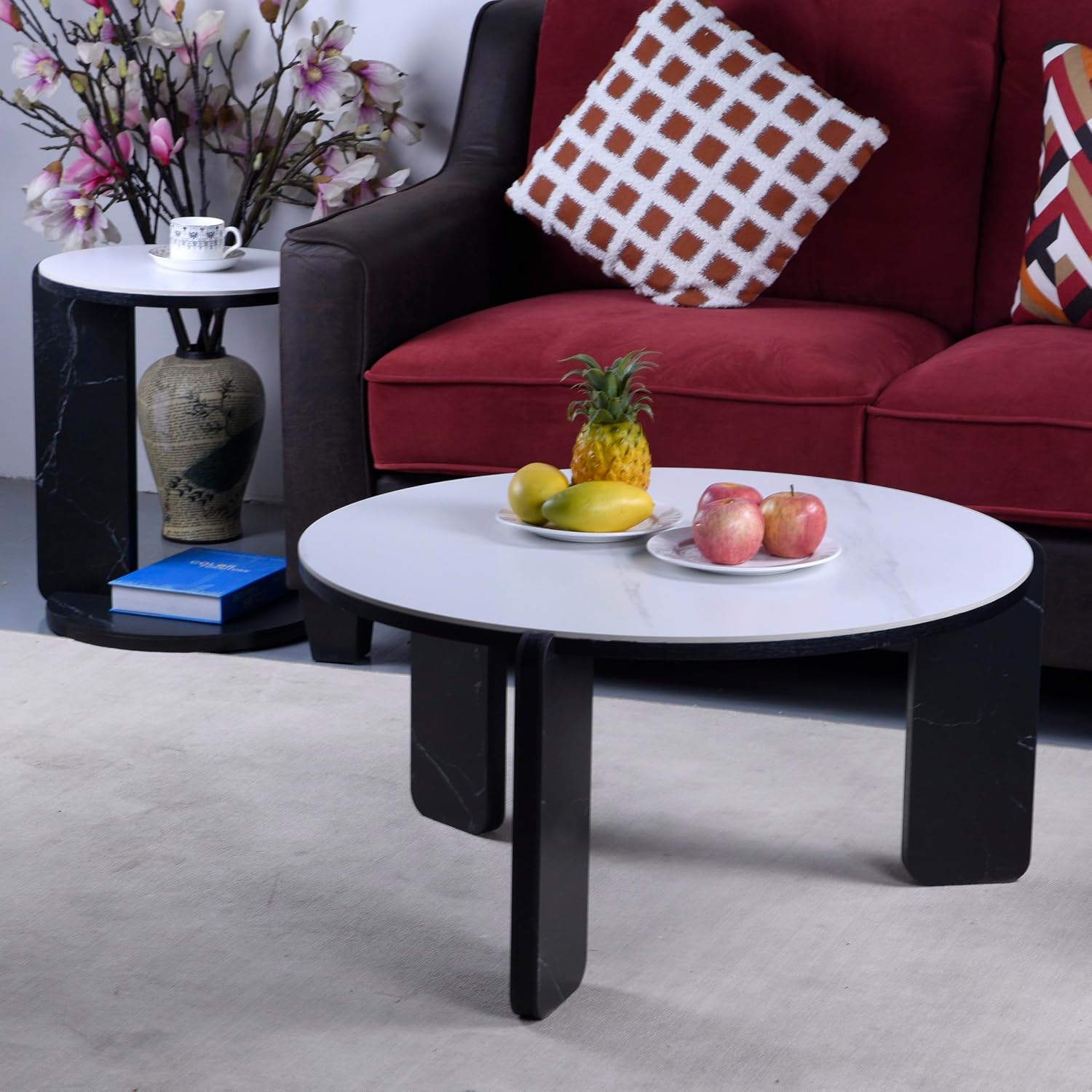 Set of 2 Round Nesting Coffee Table for Small Place, living room end table with white sintered stone top, 32.68" + 16.93" diameter Side Table Night Stand for Bed Room Dining Room, 83+ 43 cm sofa table